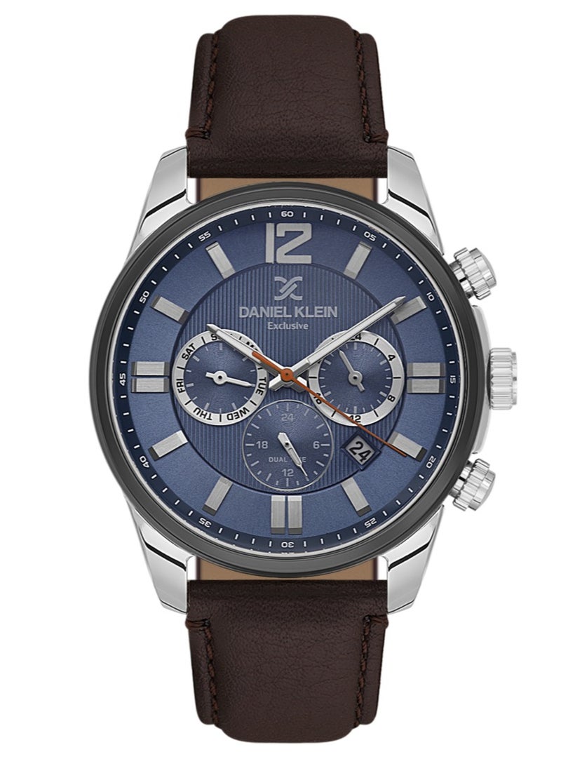 دانيل كلاين سوار رجالي من الجلد | علبة من سبيكة فضية وسوداء | تناظري | قرص أزرق دائري منقوش | حركة كوارتز يابانية | حصري | مقاومة للماء حتى عمق 50 مترًا - Image 1